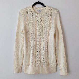 L.L. Bean Signature fisherman knit Cream crewneck cotton sweater size Small
